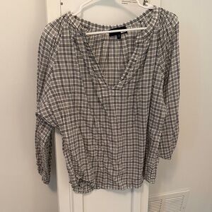 Nili Lotan Black and White Checkered V-Neck Blouse